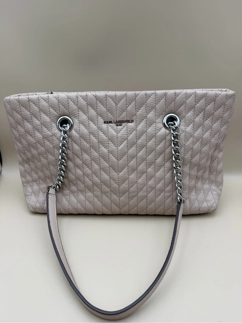 Karl Lagerfeld Paris Quilted Leather Chain Tote Bag Beige